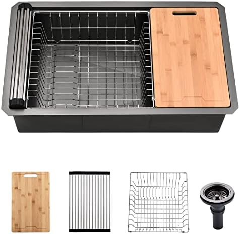 32 Undermount Workstation Black Stainless Steel Kitchen Sink, Gabhar Black Stainless Steel Kitchen Sink with Offset Drain