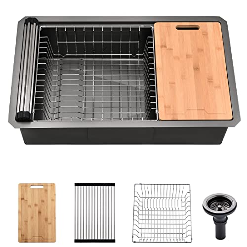 32 Undermount Workstation Black Stainless Steel Kitchen Sink, Gabhar Black Stainless Steel Kitchen Sink with Offset Drain