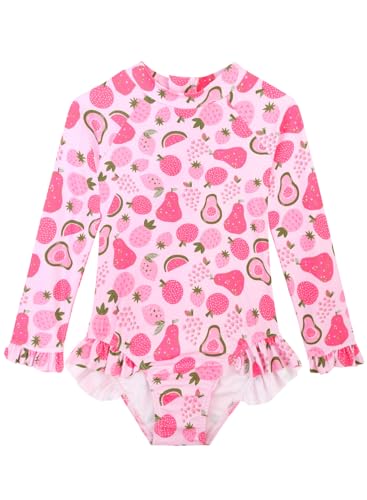 Image of Baby Toddler Girl Long Sleeve Ruffle Swimsuit One Piece Zipper Rash Guard Bathing Suit with UPF 50+ Sun Protection