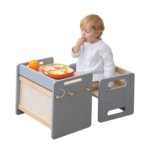 Image of Montessori Weaning Table and Chair Set, Adjustable Toddler Table, Grey | Adjustable Wooden Design for Meals, Learning, Play, and Everyday Routines