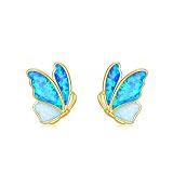 MUUYON 14K Gold Opal Butterfly Stud Earrings for Women, Real Yellow Gold Blue White Opal Butterfly E