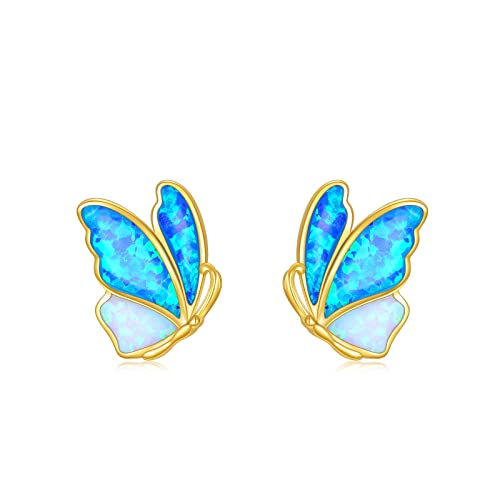 Muuyon 14K Gold Opal Butterfly Stud Earrings For Women, Real Yellow Gold Blue White Opal Butterfly Earring Studs, Summer Spring Stud Earrings For Girls Ladies Mom Sisters #TOP13