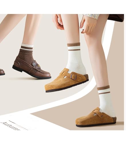 Image of Deeorla Womens Striped Crew Socks Brown Vintage Retro Athletic Socks 5 Pairs