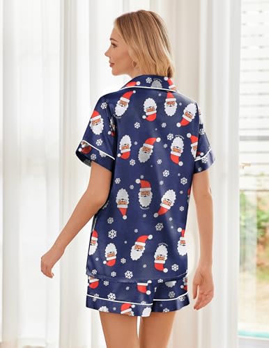 Image of Ekouaer Womens Silk Satin Pajama Sets Soft Short Sleeve Button Down Sleepwear Top and Shorts 2 Piece Pjs Lounge Set