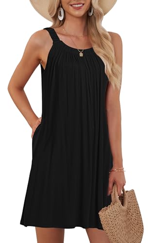 AUSELILY Women's Beach Cover Up Tank Dress Casual Vacation Short Summer Halter Dresses with Pockets Black S