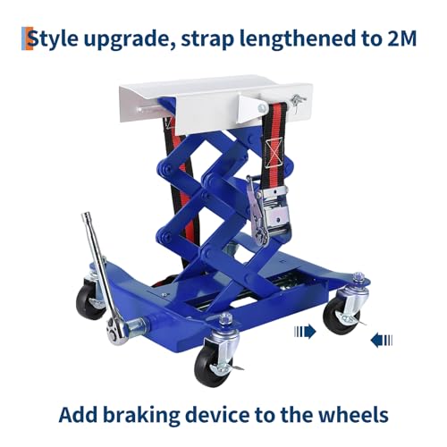 Image of Garvee Transmission Jack 450 LBS Capacity: Low Profile Lift with 2M Safety Straps & 4 Brake Wheels, 7-23 Inch Range for Car & Truck Repair (Blue)