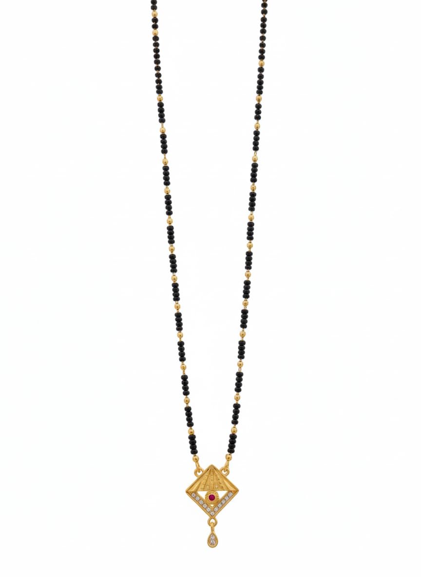 AD Mangalsutra with Black Beads and Gold Accents, Diamond Shaped Pendant with Red Stone and Teardrop Charm-image-9