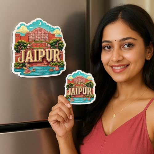 Image of Naxon Jaipur Pink City Theme Souvenir Wooden Fridge Magnet | Hawa Mahal, Amber Fort Rajasthan Design 3x3 Inch Refrigerator Magnet for Kitchen & Home Decor | Travel Gift from Jaipur | Pack of 1