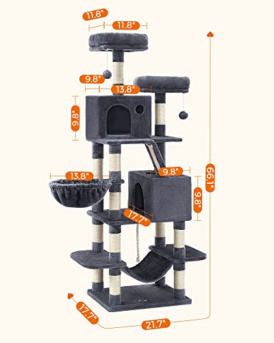 Feandrea Cat Tree, 66.1-Inch Large Cat Tower With 13 Scratching Posts, 2 Perches, 2 Caves, Basket, Hammock, Pompoms, Multi-Level Plush Cat Condo For Indoor Cats, Smoky Gray Upct165G01 #TOP5