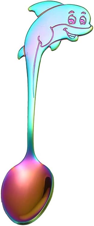 Tea spoons Stainless Steel Spoon Short Handle Coffee Spoon Stirring Spoon Creative Dolphin Head Dessert Spoon Hook Spoon Suitable for Family Use 5 Small Soup Spoons Ice tea spoons (Color : Silver