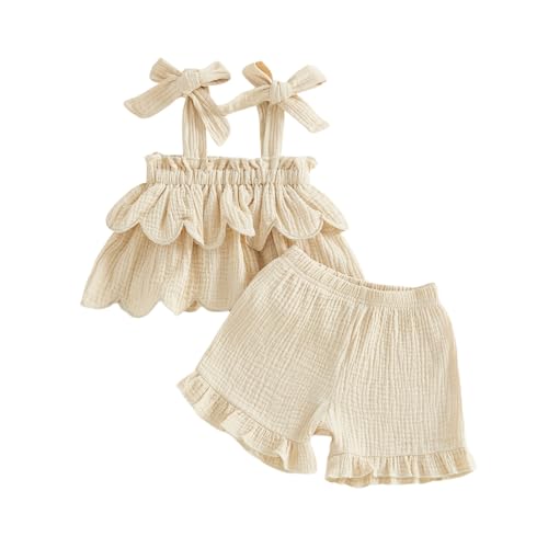BeQeuewll Toddler Baby Girl Clothes Summer Linen Outfit Sleeveless Tie Up Tank Tops+Ruffled Shorts Little Girls 2 Pieces (Apricot, 12-18 Months)
