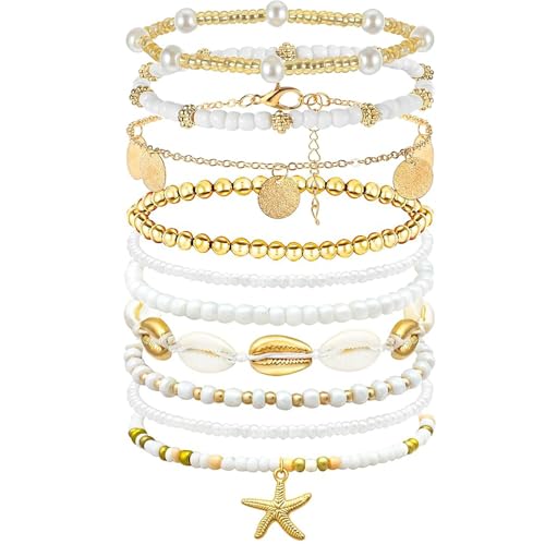 JSTHHTT Bracelets de Cheville en Perles pour Femmes, Bracelet Cheville Femme, Chevillières Bohème Dorées, Bracelets pour Femme, Chaine De Cheville, Élastique, Réglable, pour Bijoux Femmes et Filles