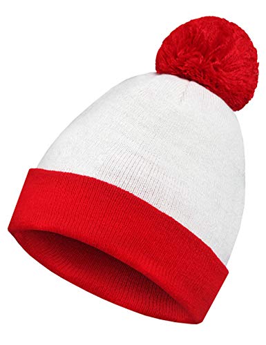 Medoore 1 Pack Pom Pom Cuff Beanie Costume Hats Halloween Costume Red White Pom Pom Beanie Hat Christmas Cuff Knit Hat, Large