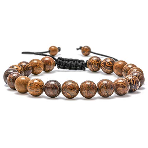 M MOOHAM Stone Bead Bracelets, 8mm Natural Stone Beads Bracelet, Men Women Stress Relief Yoga Beads Adjustable Semi-Precious Stone Bracelet Bangle