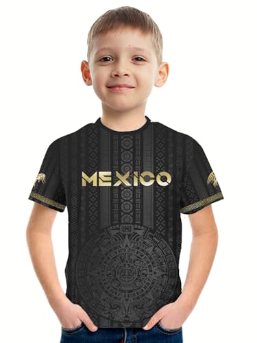 REVENEVER Mexico Kids Soccer Jersey for Boys Girls Mexican Aztec Print Football Training Shirt Uniform Sport Casual T Shirt for Soccer Fans