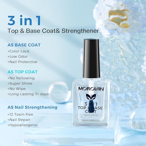 Morovan 3in1 Klarer Nagellack: Base Coat Top Coat 3in1 Nail Strengthener Clear Nail Varnish 15ml