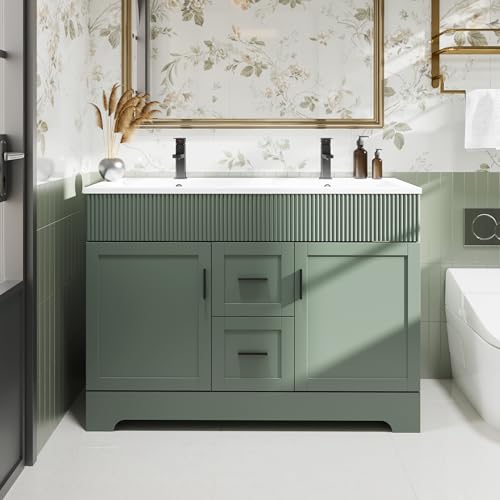 Image of eclife 48 inch Bathroom Vanities Sink Combo with Painted Surface, Modern Drawered Cabinet W /Decorative Wave Lines, Undermount Double White Sink, Matte Black Faucet Drain, Gray Green