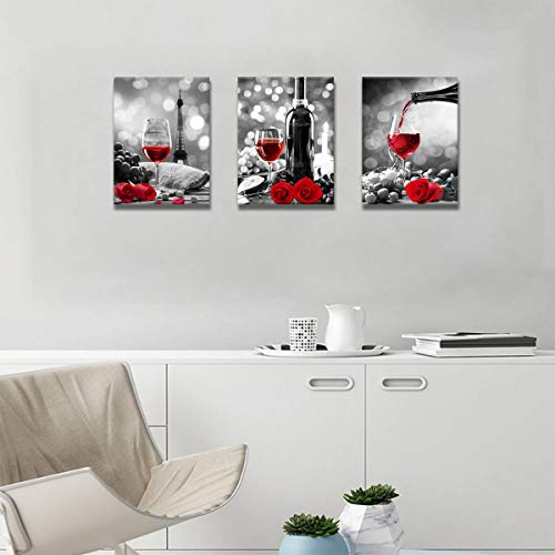 Wine Decor Kitchen Canvas Art Red Wine Rose Artwork For Home Walls Black And White With Red Wine Painting Printed Rose Art Dining Room Decor Red Kitchen Pictures Wall Decor Stretched 12X16Inchx3 #TOP3
