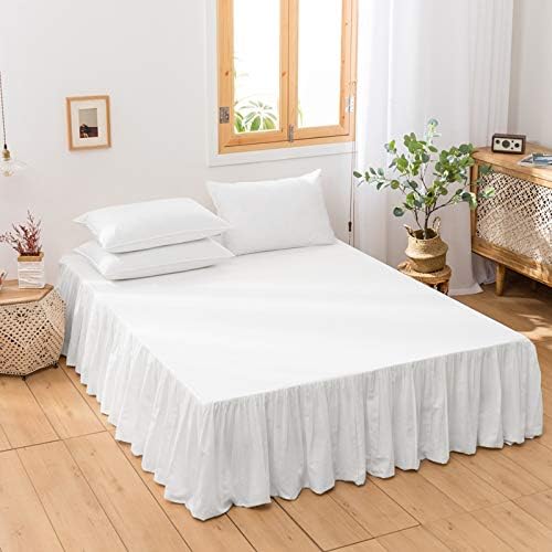 BISELINA French Linen Bed Skirt with Pleated Frills 14-Inch Tailored Drop Natural Flax Cotton Blend Dust Ruffle Soft Cozy Farmhouse Bedding (14" Queen, Ruffle White)