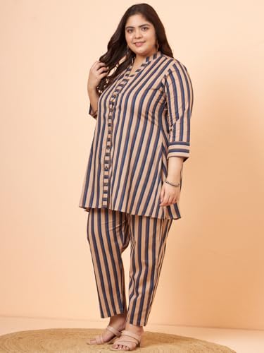 Image of Tissu Women's Plus Size Pure Cotton Blue Printed Shirt with Pyjama Co-Ord Set
