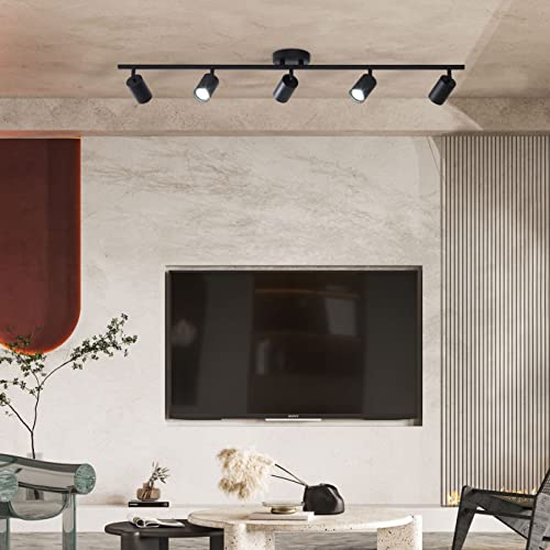 Image of KCO Lighting 5 Light LED Track Lighting Adjustable 5 Way Ceiling Mount Spotlights Matte Black for Kitchen Gallery Dining Room (5-Light)