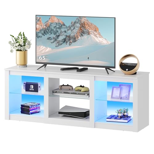 WLIVE LED TV Stand for 65-Inch TV, 58-Inch Entertainment Center with Adjustable Glass Shelves, Modern Media Console for Living Room & Bedroom, White