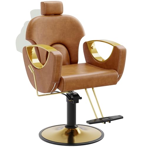 Image of Barber Chair, Reclining Hair Salon Chair, 360 Degrees Swivel Styling Chair, Height Adjustable Hydraulic Shampoo Chairs, Spa Equipment (Brown)