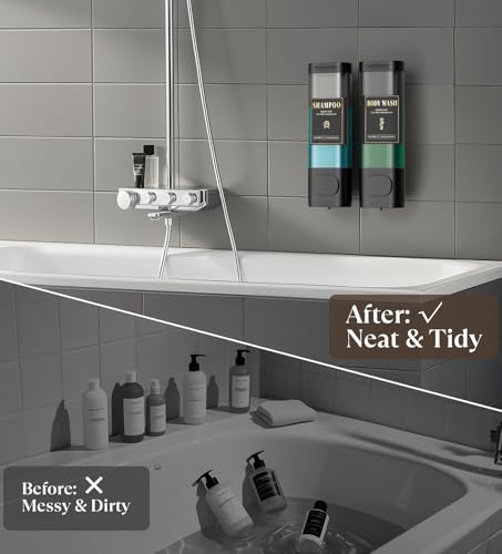 Image of Luxspire Shampoo and Conditioner Dispenser, Shower Soap Dispenser 2-Chamber | Lockable Large Capacity 600ml No-Drill Wall-Mounted Shampoo and Body Wash Dispenser for Bathroom Hotel Kitchen Airbnb