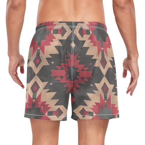 Mens Swim Trunks with Liner, Red Tribe Pattern Abstract Cool Quick Dry Beach Swim Shorts, Swimwear Bathing Suits S2