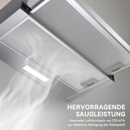 Hermitlux Dunstabzugshaube 60cm, Flachschirmhaube Abluft/Umluft mit Aktivkohlefilter, 360 m³/h Luftstrom, LED-Beleuchtung, 65dB