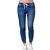 semen Womens Mid Rise Drawstring Elastic Waist Denim Pants Solid Color Casual Jeans Joggers with Pockets