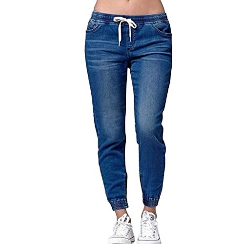 Womens Mid Rise Drawstring Elastic Waist Denim Pants Solid Color Casual Jeans Joggers with Pockets (14, Dark Blue)