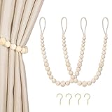 Wood Bead Curtain Tiebacks, KLOGTSIND Set of 2 Curtain Holdbacks for Thin or Thick Window Draperies, Boho Farmhouse Curtain Tiebacks with Hooks, Curtain Tie Backs for Home Office Room Decor