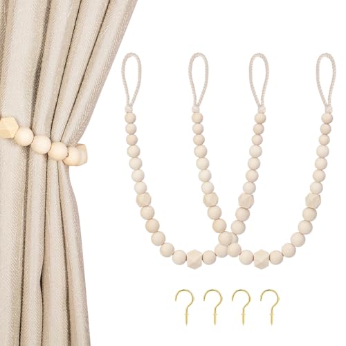 Wood Bead Curtain Tiebacks, KLOGTSIND Set of 2 Curtain Holdbacks for Thin or Thick Window Draperies, Boho Farmhouse Curtain Tiebacks with Hooks, Curtain Tie Backs for Home Office Room Decor