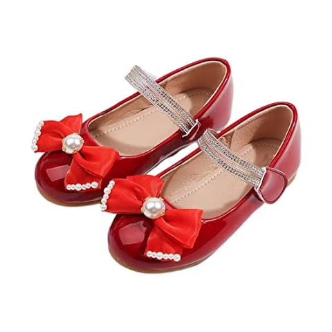 Toddler/Little Girls Mary Jane Dress Shoes Flower Ballet Flats with Pearl Bowknot for Party School Slip on Ballerina Flats Red Cover