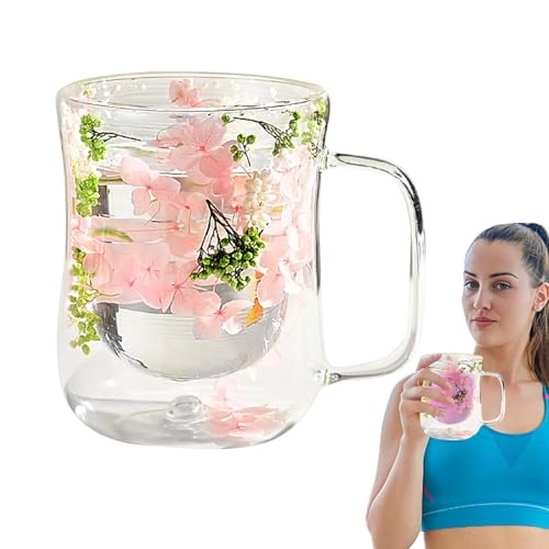 Double Wall Espresso Cups, Flower Glass Tea Cups, Dried Flower Glass Mug, Heat Resistant Glass Mug, Double Walled Glass Mug with Dried Flower Design, Heat Resistant for Hot and Cold Drinks