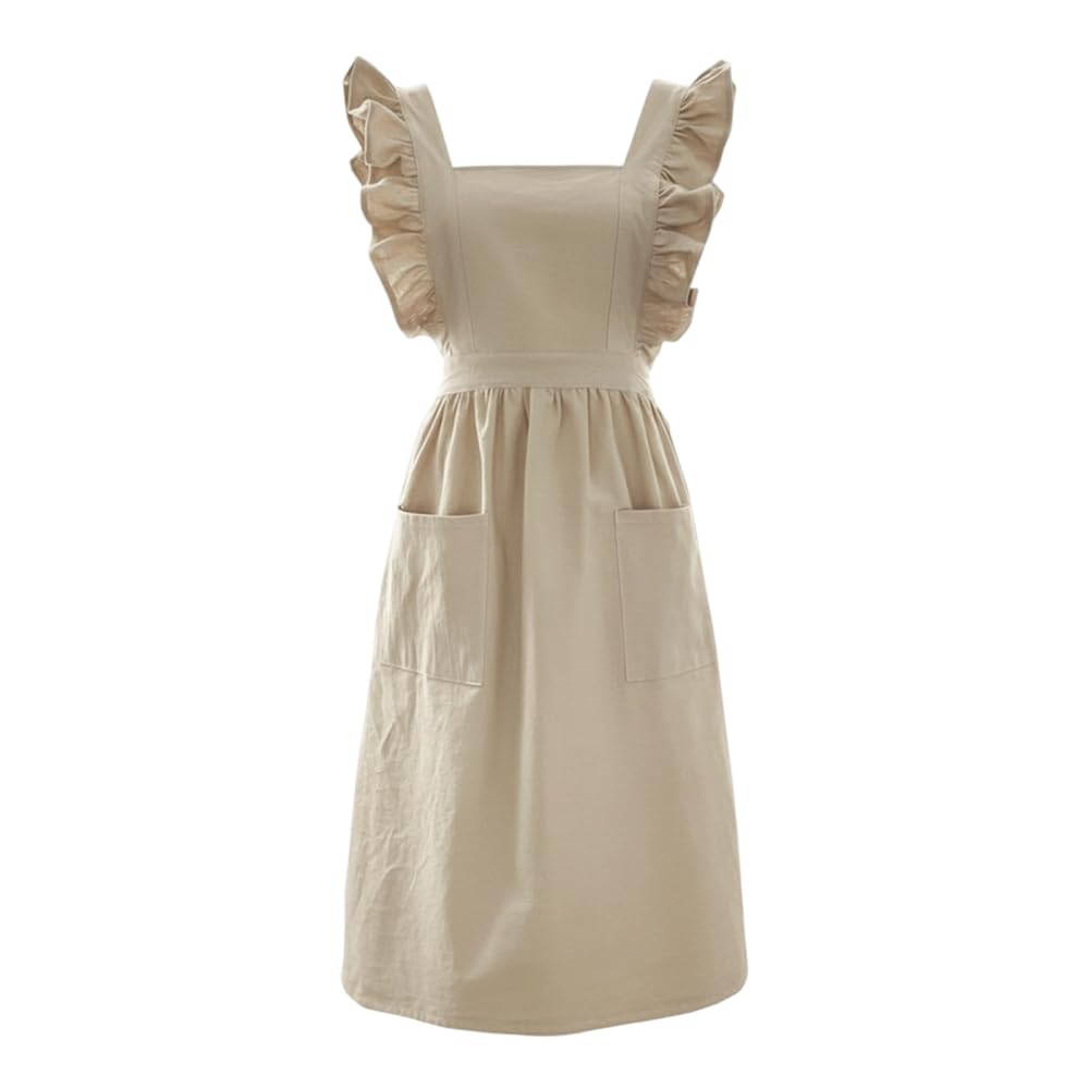 Bdkmms Oatmeal Apron, Cotton Breathable Cross Back Apron With Side 2-Pockets For Cooking, Baking, Painting, Gardening