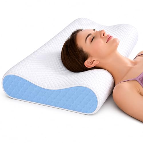 Image of Memory Foam Cervical Pillow for Neck Pain Relief Ergonomic Contour Design for Back & Side Sleepers Breathable Washable Cover Neck Support Sleeping Pillow (Sky Blue)