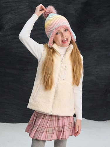 Girls Winter Beanie Hat with Ear Flaps Kids Warm Fleece Lined Pom Pom Knit Hats Snow Ski Cap 4-10 Years4