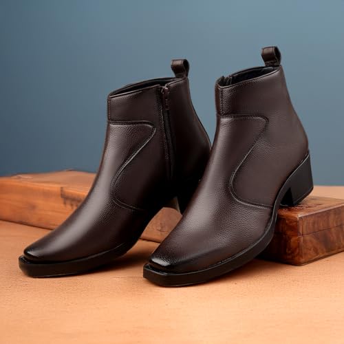 Image of BXXY Men's 5-6 Cm Block Heel Height Increasing Faux Leather Material, Casual Formal Slipon Ankle Boot and Dress Boot