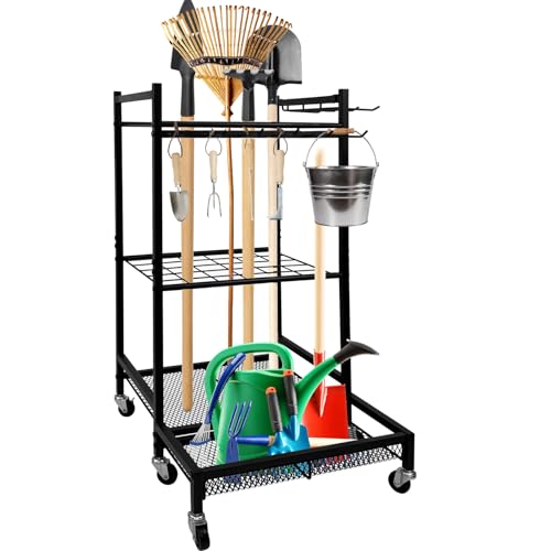 XYJBHB Gartengeräte Organizer mit Rollen, 3-stöckiges Metall-Regalsystem mit 30 Schlitzen & 10 Haken – Bewährter Gartenwerkzeug-Ständer (43x30x80cm) für Garage, Hof und Außenbereich