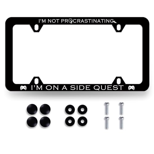 I'm Not Procrastinating I'm on a Side Quest License Plate Frame Funny License Plate Personalise Men Women Car Decoration Stainless Steel Black License Plate Holder Auto Part 12.2