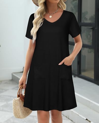 Image of CHICGAL Summer Dresses for Women V Neck Short Sleeve Casual Loose T Shirt Sundress Beach Cover Ups with Pockets 2026