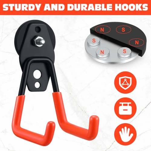 Image of Landhoow 4 Pcs Large Magnetic Hooks Heavy Duty Garage Magnet Hooks Strong Storage Utility Magnetic Hangers with Anti Slip Rubber Coating for Indoor and Outdoor Hanging (Orange)