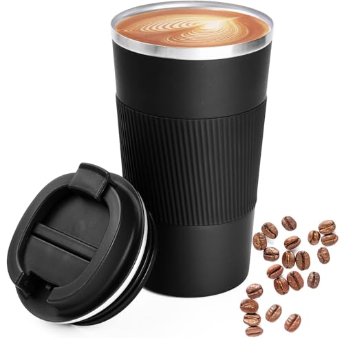 Insulated Travel Coffee Mug – 380ml Stainless Steel Tumbler with Leak-Proof Lid & Non-Slip Grip, Double Wall Vacuum Coffee Cup for Hot & Cold Drinks, Fits Car Cup Holders, Matte Black