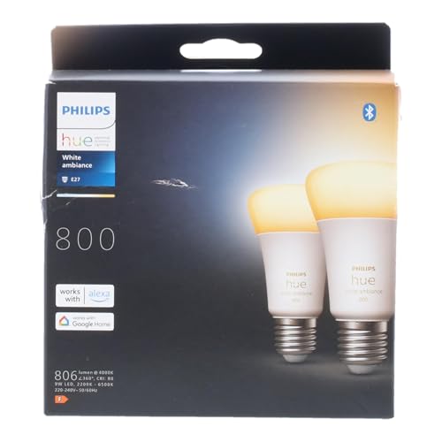 Philips Hue White Ambiance, ampoules LED Connectées E27, équivalent 60W, 800 lumen, Compatible Bluetooth, pack de 2, fonctionne avec Alexa, Google Assistant et Apple Homekit