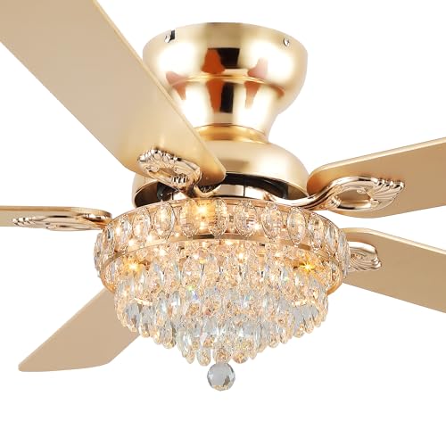 GJeg Crystal Ceiling Fan Fandelier with Lights-Ceiling Fans with Remote Control Modern Ceiling Fan with Noiseless DC Reversible Motor Dining Room Living Room(52 Gold)