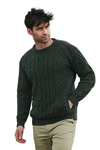 Aran Crafts Men's Irish Cable Knitted Crew Neck with Tweed (100% Merino Wool)