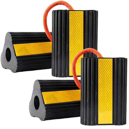 Florety Wheel Chocks for RV Trailer 2 Pair /4pack with Rope & Reflective Strips Rubber Wheel Chocks Heavy Duty Tire Stopper for Camper Truck Car Travel Trailer
