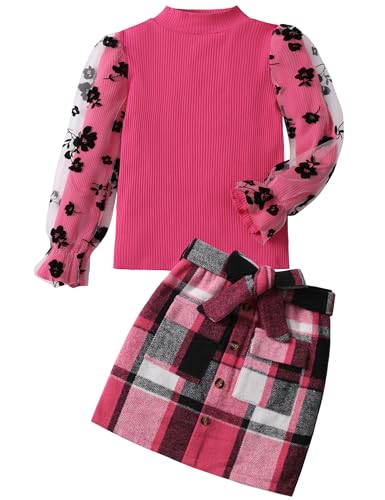Image of Toddler Girl Clothes Girls Outfits Flare-lace Sleeve Top and Plaid Skirt Dress Fall Winter 2Pcs Girls Clothes 5-12T